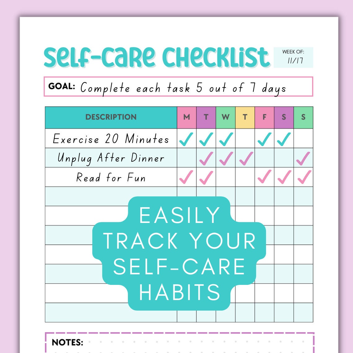 Self Care Checklist Printable, Self-care Planner Journal Tracker ...