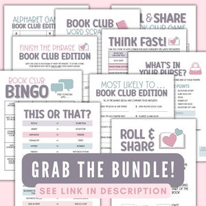 Puede incluir: Una colecci&oacute;n de juegos y actividades de club de lectura imprimibles. Los juegos incluyen "Think Fast!" "What's in Your Purse?" "Most Likely To... Book Club Edition" "This or That?" "Finish the Phrase Book Club Edition" "Book Club Bingo" y "Roll & Share".