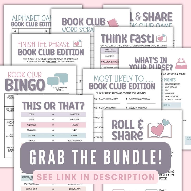 Puede incluir: Una colecci&oacute;n de juegos y actividades de club de lectura imprimibles. Los juegos incluyen "Think Fast!" "What's in Your Purse?" "Most Likely To... Book Club Edition" "This or That?" "Finish the Phrase Book Club Edition" "Book Club Bingo" y "Roll & Share".