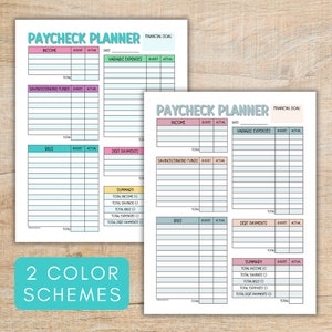 May include: Two printable paycheck planner pages with a pink, blue, and green colour scheme. The pages include sections for income, variable expenses, savings, bills, and debt payments. Each section has columns for budget and actual amounts. The pages also include a summary section to calculate totals.