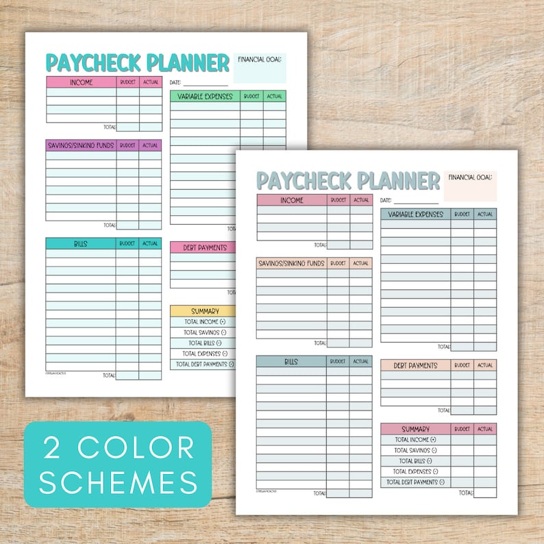 May include: Two printable paycheck planner pages with a pink, blue, and green colour scheme. The pages include sections for income, variable expenses, savings, bills, and debt payments. Each section has columns for budget and actual amounts. The pages also include a summary section to calculate totals.
