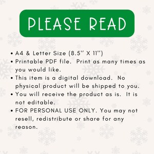 以下が含まれることがあります： 白文字で「PLEASE READ」と書かれた緑色の長方形。製品に関する情報、サイズ、フォーマット、使用制限などがリストされています。テキストは次のとおりです。「A4 & Letter Size (8.5" X 11"). 印刷可能なPDFファイル。必要なだけ印刷できます。この商品はデジタルダウンロードです。物理的な商品は発送されません。商品は現状のままお届けします。編集できません。個人使用のみ。転売、再配布、または共有はできません。」