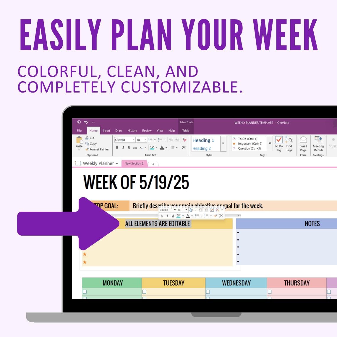 Onenote Weekly Planner Template, Colorful Minimalist Digital Planner ...