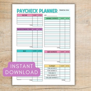 May include: A printable budget planner with sections for income, variable expenses, savings, bills, and debt payments. The planner has a light blue, pink, and yellow colour scheme and includes a summary section for calculating totals.