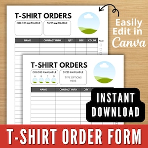 Plantilla de pedido de camisetas, plantilla editable de Canva, formulario de pedido imprimible, formulario de orden de compra, descarga instantánea en tamaño carta/A4