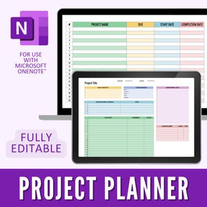 Op de afbeelding: Een digitale projectplanningssjabloon weergegeven op een laptop en tablet. De planner bevat secties voor projectnaam, vervaldatum, startdatum en voltooiingsdatum. De afbeelding bevat de tekst "PROJECT PLANNER" en "FULLY EDITABLE".