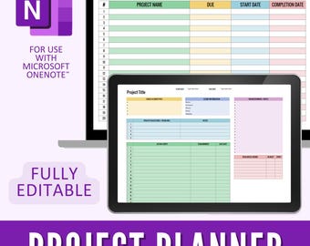 May include: A digital project planner template displayed on a laptop and tablet. The planner features sections for project name, due date, start date, and completion date. The image includes the text "PROJECT PLANNER" and "FULLY EDITABLE".