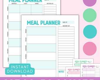 Op de afbeelding: Printbare maaltijdplanner met een lichtblauwe achtergrond en zwarte tekst. De planner bevat secties voor ontbijt, lunch, diner en een boodschappenlijst. De tekst "Meal Planner" is geschreven in een vet, turquoise lettertype.