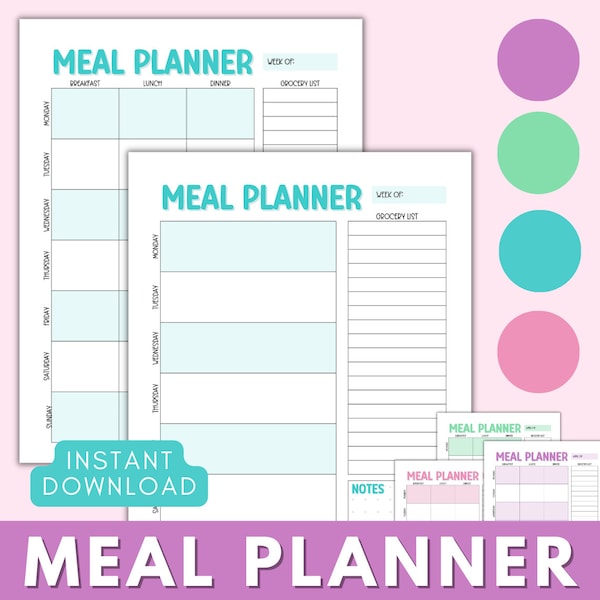 Weekly Meal Planner Printable Template, 7 Day Menu Recipe Planner with Grocery List, Food Planner, A4 Letter PDF Instant Download