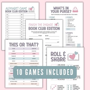 Puede incluir: Un conjunto imprimible de 10 juegos de club de lectura con un esquema de color rosa, azul y gris. Los juegos incluyen "Juego de alfabeto", "Completa la frase", "Esto o aquello", "&iquest;Qu&eacute; hay en tu bolso?", "Tira y comparte", y m&aacute;s.