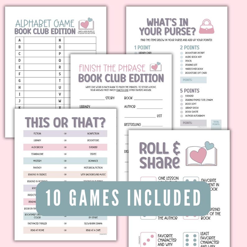 Puede incluir: Un conjunto imprimible de 10 juegos de club de lectura con un esquema de color rosa, azul y gris. Los juegos incluyen "Juego de alfabeto", "Completa la frase", "Esto o aquello", "&iquest;Qu&eacute; hay en tu bolso?", "Tira y comparte", y m&aacute;s.