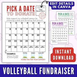 Volleyball Pick a Date to Donate Fundraiser, Pay the Date Calendar Volleyball Fundraiser, Volleyball Team Fundraiser Editable Flyer Download
