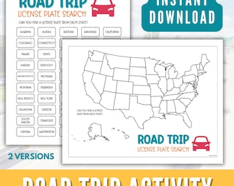 Può includere: Due fogli di attività di viaggio stampabili. Uno presenta un elenco di stati per la ricerca di targhe, l'altro è una mappa degli Stati Uniti. Il testo recita "Road Trip License Plate Search" e "Instant Download".