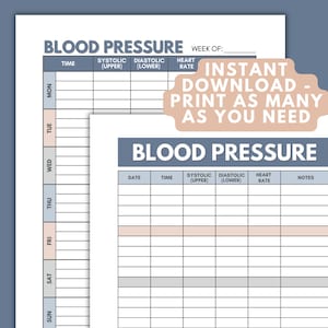 May include: Printable blood pressure log with a light blue and gray color scheme. The log includes columns for date, time, systolic, diastolic, heart rate, and notes.