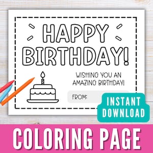 Página para colorir de feliz aniversário para imprimir, cartão de aniversário fofo para colorir para crianças, placa de aniversário para imprimir para meninos ou meninas, download instantâneo em PDF