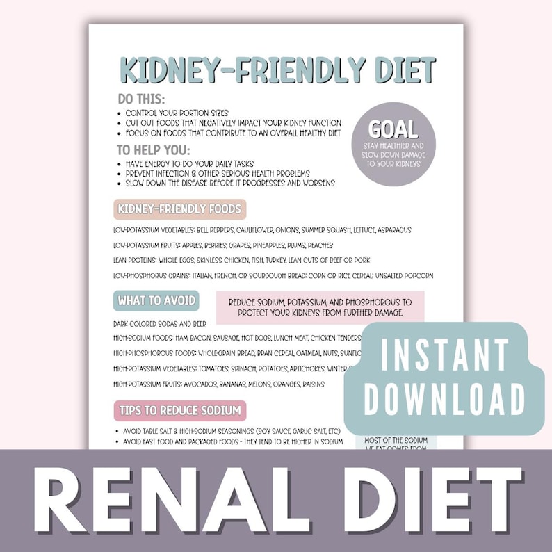 May include: A printable guide with a pink and blue color scheme for a kidney-friendly diet. The guide lists foods to eat and avoid, as well as tips to reduce sodium. The text "Renal Diet" is at the bottom of the page.