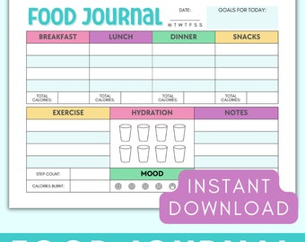 Daily Food Journal Printable, Daily Food Planner, Daily Food Diary Meal Journal, Fitness Diet Meal Tracker Calorie Log Letter A4