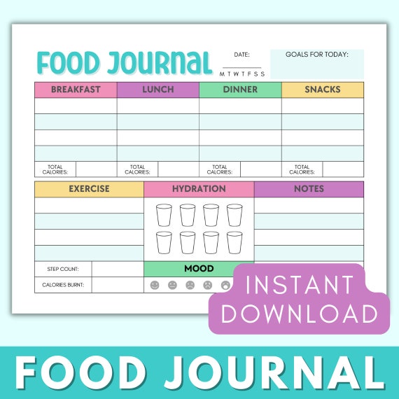 Daily Food Journal Printable, Daily Food Planner, Daily Food Diary Meal Journal, Fitness Diet Meal Tracker Calorie Log Letter A4