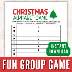 Juego navideño de la A a la Z para imprimir, divertido juego navideño en grupo, juego navideño familiar para niños o adultos, actividad de palabras del alfabeto navideño en formato PDF