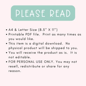 Puede incluir: Un rect&aacute;ngulo verde claro con el texto "PLEASE READ" en blanco. Una lista de instrucciones para una descarga digital, que incluye el tama&ntilde;o del archivo PDF imprimible, 8,5 pulgadas por 11 pulgadas, y una declaraci&oacute;n de que el art&iacute;culo es solo para uso personal.