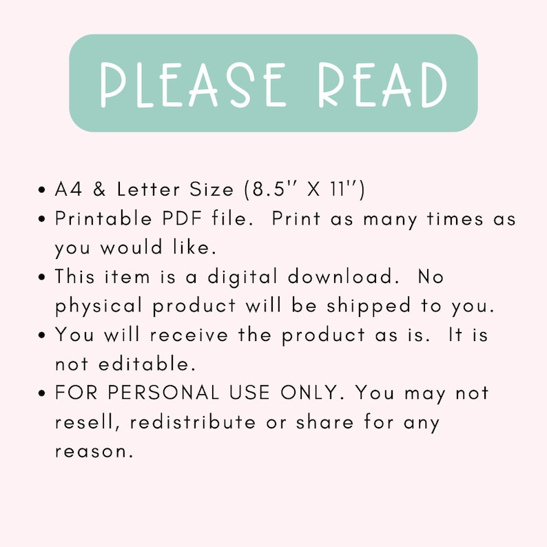 Puede incluir: Un rect&aacute;ngulo verde claro con el texto "PLEASE READ" en blanco. Una lista de instrucciones para una descarga digital, que incluye el tama&ntilde;o del archivo PDF imprimible, 8,5 pulgadas por 11 pulgadas, y una declaraci&oacute;n de que el art&iacute;culo es solo para uso personal.