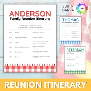 May include: A family reunion itinerary template with the name "ANDERSON" in large red letters. The itinerary includes times for arrival, games, lunch, a cornhole tournament, group photos, and dinner. Additional templates are also shown.