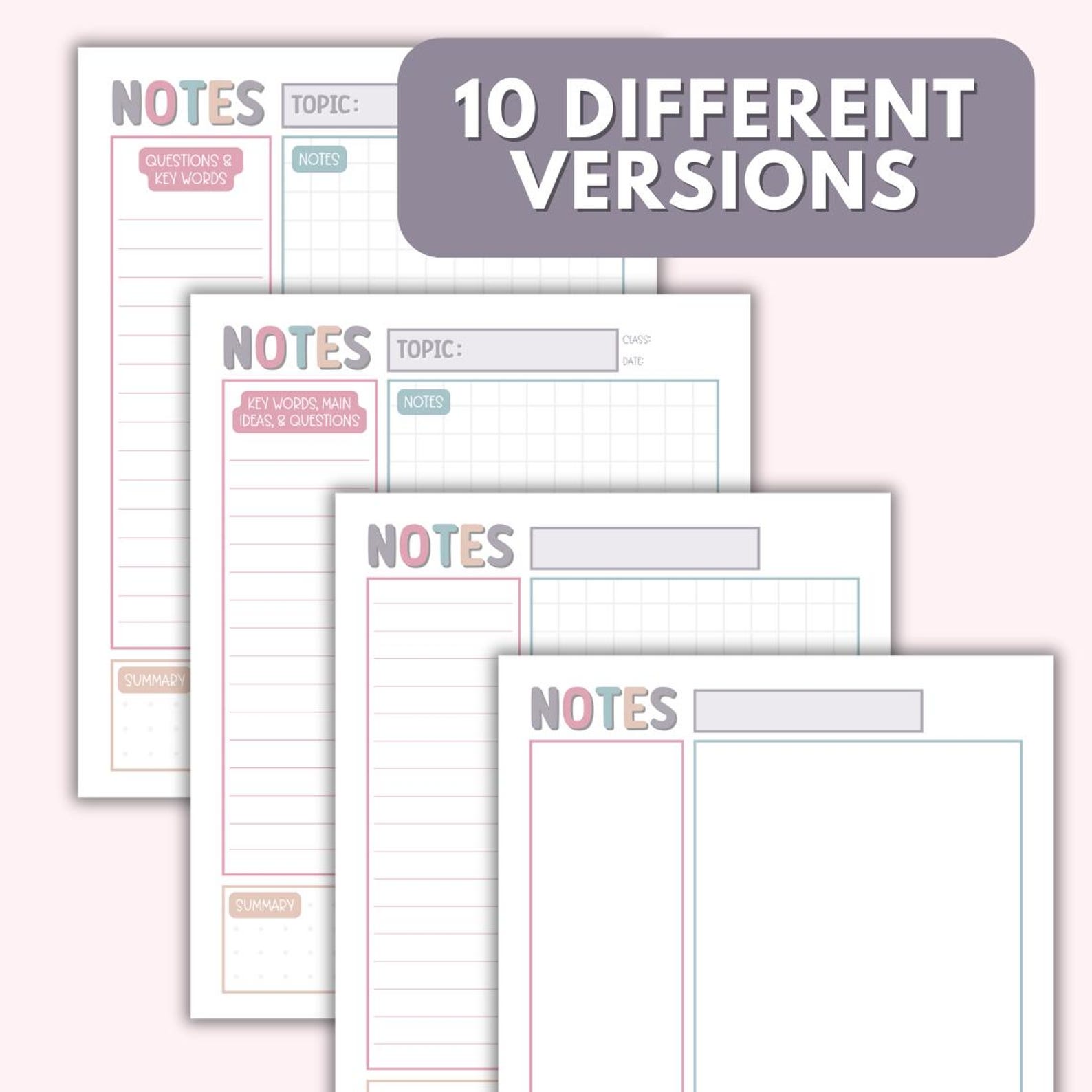 Cute Cornell Notes Paper Printable, Colorful Note Pages Template, Lined ...