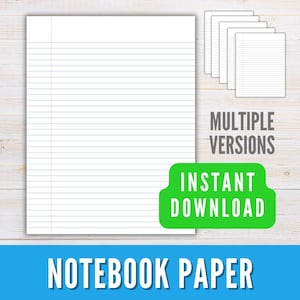 Może przedstawiać: Biały papier do notatnika z niebieskimi liniami i czerwoną linią marginesu. Obraz zawiera stos papieru oraz tekst "MULTIPLE VERSIONS" i "INSTANT DOWNLOAD". Na dole obrazu znajduje się tekst "NOTEBOOK PAPER".