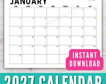 2027 Calendar Printable, Monthly Planner Landscape, Minimal Monthly Calendar 2027 Printable, Sunday Start Letter Wall Calendar Download