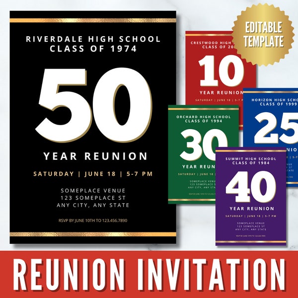 Class Reunion Invitation Template Editable, Customizable High School Reunion Invite Printable, 10th 20th 30th 40th 50th Any Year or Color
