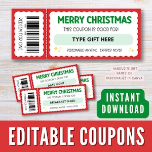 Christmas Coupon Template, Editable Canva Template Gift Coupons, Cute Printable Christmas Gift Certificate, Merry Christmas Coupons Template