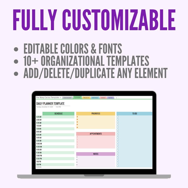 May include: A laptop screen displaying a daily planner template with customizable colours and fonts. The template includes sections for schedule, priorities, appointments, and notes. The text "The Wavy Cactus Template" and "DAILY PLANNER TEMPLATE" is visible at the top of the screen.