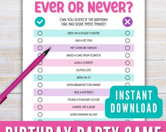Birthday Party Game Printable, Ever or Never Birthday Girl Party Game, Printable Bday Party Game, Games for Tweens Teens Instant Download
