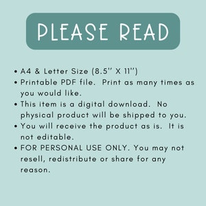 May include: A blue rectangle with the text "PLEASE READ" in white. The text below lists the details of a digital download, including the size (8.5 inches by 11 inches), format (PDF), and usage restrictions. The text states that the item is a digital download and no physical product will be shipped. It also states that the product is for personal use only and cannot be resold, redistributed, or shared.