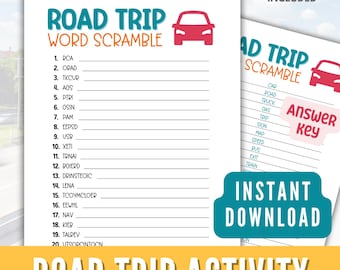 Può includere: Carta bianca con un gioco "Road Trip Word Scramble" in verde acqua e arancione. Il gioco include un elenco di parole mescolate e una grafica di auto rossa. È inclusa una "chiave di risposta". Le parole sono su sfondo bianco.