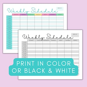 May include: Two printable weekly schedule templates. The top template has a light blue background with a pastel color scheme for the days of the week. The bottom template has a gray background with a black and white color scheme for the days of the week. Both templates have a space for the week number and a time slot from 5 AM to 10 PM.