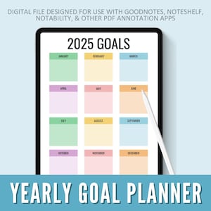 May include: A digital yearly goal planner for 2025 displayed on a tablet. The planner features a grid with monthly blocks in various pastel colors. The text "2025 GOALS" is at the top, with the words "YEARLY GOAL PLANNER" at the bottom.