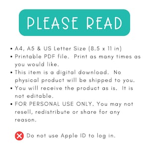 K&ouml;nnte beinhalten: Ein t&uuml;rkisfarbenes Rechteck mit den wei&szlig;en Worten "PLEASE READ". Darunter listen Aufz&auml;hlungszeichen die Produktspezifikationen auf, einschlie&szlig;lich A4, A5 und US Letter Gr&ouml;&szlig;en (21,6 x 27,9 cm), und dass es sich um eine druckbare PDF-Datei handelt. Es ist ein digitaler Download nur f&uuml;r den pers&ouml;nlichen Gebrauch.