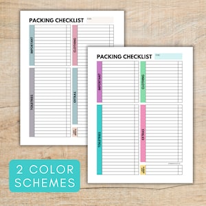 May include: Two printable packing checklists with different colour schemes. The checklists are divided into four sections: Important, Clothing, Toiletries, and Extras. Each section has a coloured header and lines for writing.