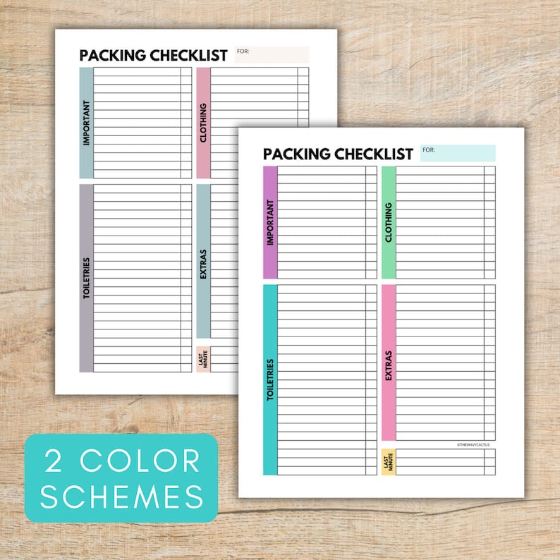 May include: Two printable packing checklists with different colour schemes. The checklists are divided into four sections: Important, Clothing, Toiletries, and Extras. Each section has a coloured header and lines for writing.