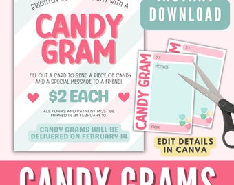 Candy Gram-sjabloon afdrukbaar, bewerkbaar PTA Valentine-evenement, canvassjabloon voor school, PTO Candy Gram-inzamelingsactie, Candy Gram-flyer