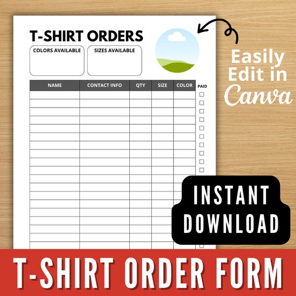 T-Shirt Order Form Template, Canva Editable T-Shirt Order Template, Printable Order Form, Purchase Order Form, Letter/A4 Instant Download
