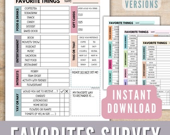 May include: A printable worksheet with a pink, blue, and gray color scheme. The worksheet is titled "Favorite Things Survey" and includes questions about favorite foods, drinks, entertainment, hobbies, and activities. The worksheet also includes a section for gift card ideas and a section for personal preferences.