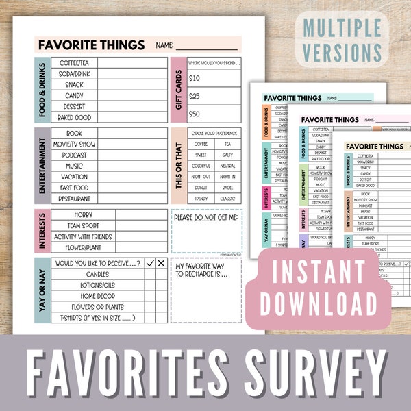 Favorite Things Survey Printable, Coworker Questions, All About Me Questionnaire, Employee Favorites List, Teacher Appreciation Survey pdf
