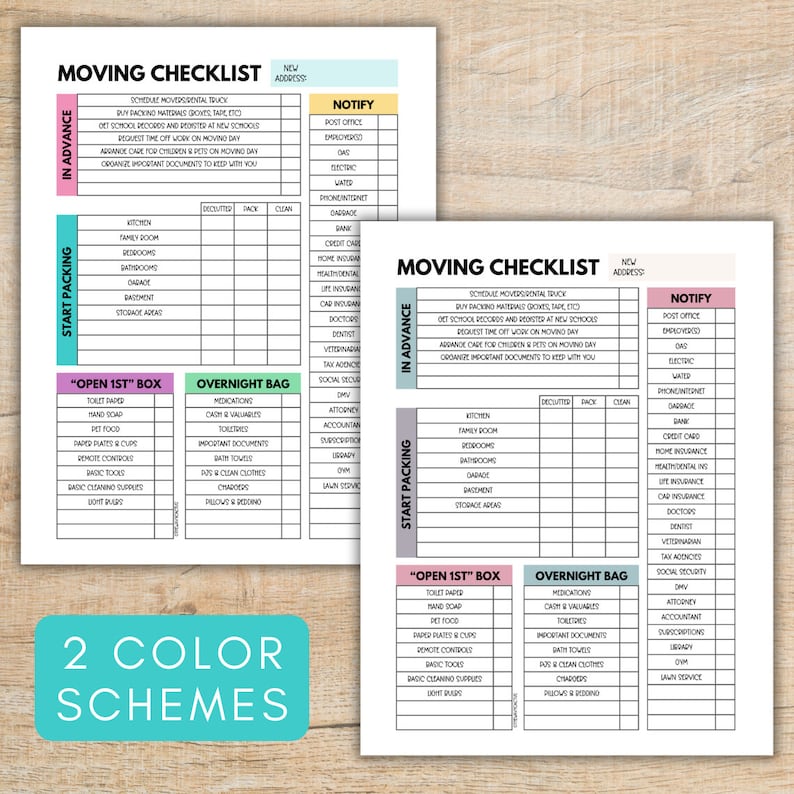 Moving Checklist Printable, Colorful Moving Planner, Relocation Checklist, Moving Binder, Moving ...