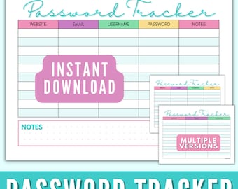 Puede incluir: Un rastreador de contraseñas imprimible con un esquema de color rosa, verde y amarillo. El rastreador tiene columnas para el sitio web, el correo electrónico, el nombre de usuario, la contraseña y las notas. El texto "INSTANT DOWNLOAD" está en un cuadro rosa. El texto "MULTIPLE VERSIONS" está en un cuadro blanco con un borde rosa.