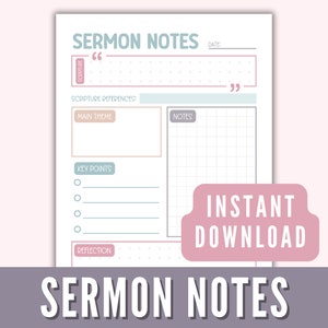 May include: A printable sermon notes template with a light blue and pink color scheme. The template includes sections for scripture references, main theme, key points, notes, and reflection.