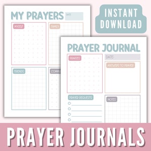 Puede incluir: Dos páginas de diario de oración imprimibles con colores pastel y fondos punteados. La primera página tiene secciones para "Yo mismo", "Familia", "Amigos" y "Comunidad". La segunda página tiene secciones para "Alabanzas", "Solicitudes de oración", "Respuestas a la oración" y "Notas".