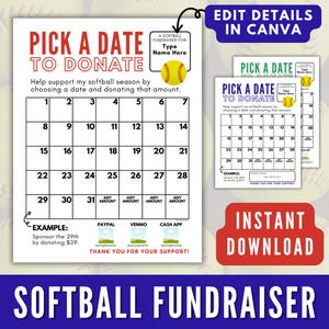 Softball Pick a Date to Donate Fundraiser, Pay the Date Calendar Softball Fundraiser, Softball Team Fundraiser Editable Flyer Download