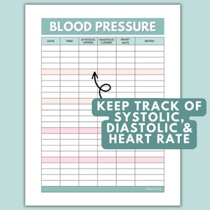May include: A printable blood pressure tracker with a teal header and pink and white rows. The tracker has columns for date, time, systolic, diastolic, heart rate, and notes. The text "KEEP TRACK OF SYSTOLIC, DIASTOLIC & HEART RATE" is in a teal box.